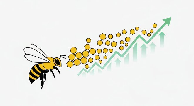 Stylized insect deposits honeycomb cells along a rising green arrow graph indicating growth