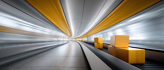 Motion blur shows boxes moving on conveyor belt in high-tech food delivery hub with yellow and grey colors