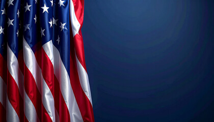 American Flags Draped Side By Side Against Deep Blue Background For Patriotic Display.