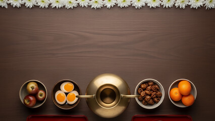 Balanced Qingming festival background with rich wood copyspace background and ancestral offering symmetry. Serene spring design background with space for text