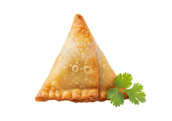 cute cartoon samosa with cilantro leaf on white background