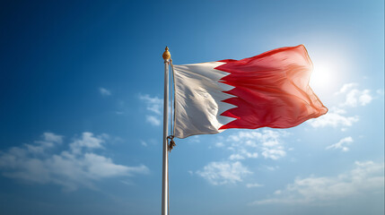 Bahrain National Flag Waving in the Wind Against Bright Blue Sky, Symbol of Gulf Identity, Sovereignty, Stability and National Pride