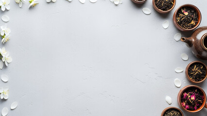 Calm Qingming festival background with light gray copyspace background and tea ceremony border. Minimal spring design background with space for text