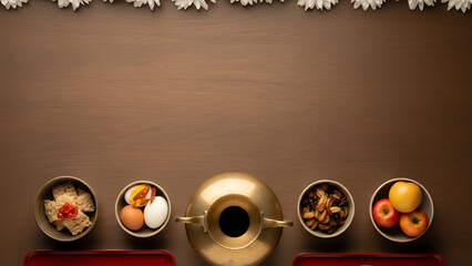 Classic Qingming festival background with warm wooden copyspace background and ceremonial offering setup. Traditional spring design background with space for text