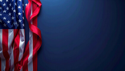 Patriotic American Flag With Red Ribbon Against Deep Blue Background for Decorative and National Pride Imagery.