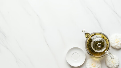 Clean white Qingming festival background with marble copyspace background and glass tea pot arrangement. Minimal spring design background with space for text
