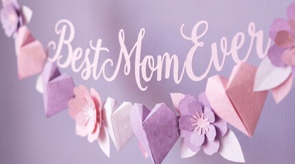 Best mom ever paper banner, pink origami hearts and purple flowers garland, pastel lilac background, diy handmade craft decoration, mother's day celebration concept, creative art for holiday greeting.