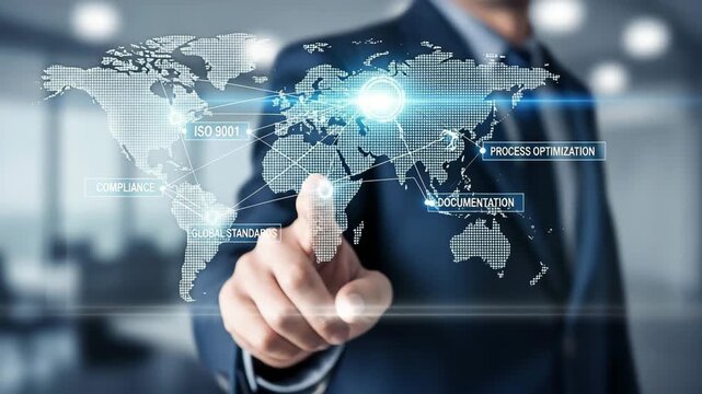 Businessman with a world map and a global network concept.