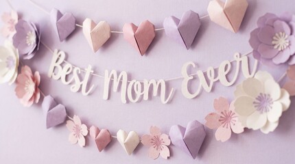 Decorative best mom ever paper garland with pastel origami hearts and flowers, handmade craft party decoration on purple background, for mother's day, birthday, celebration, greeting, banner.