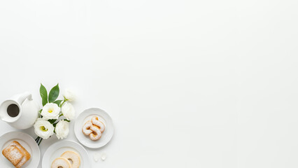 Minimal tea styled Qingming festival background with white copyspace background and floral accents. Calm spring design background with space for text