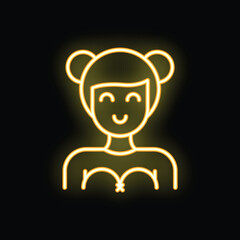 Obraz premium Yellow neon sign depicting a smiling young woman with her hair tied in two buns on a black background