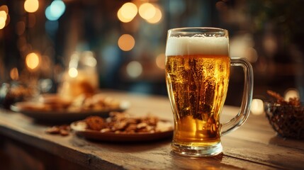 a glass of beer on a table next to food