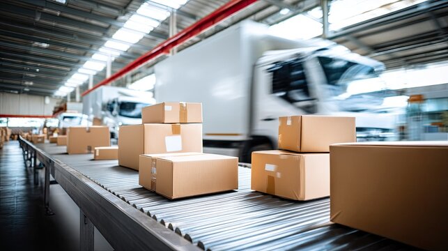 Busy warehouse with delivery trucks and boxes moving on conveyor belt for fast online shopping at peak hours - Powered by Adobe