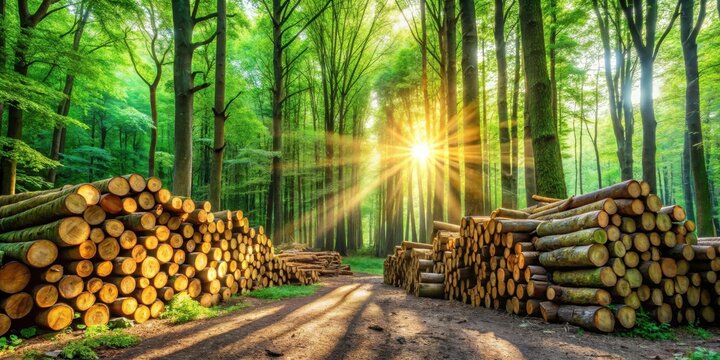 Sunlit Forest Path with Stacked Logs, Golden Hour Serenity in a Lush Green Woodland