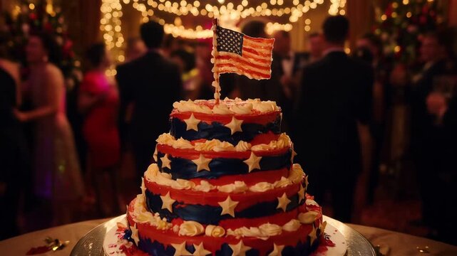Red, white, and blue patriotic cake with American flag decoration  