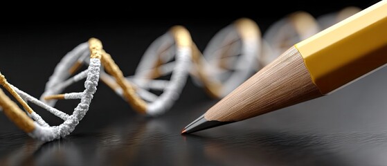 Drawing on the DNA double helix structure with a pencil on a black desk in a close-up view with colorful visual effects during daytime