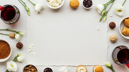 Rustic Qingming festival background with paper copyspace background and floral food border frame. Elegant spring design background with space for text