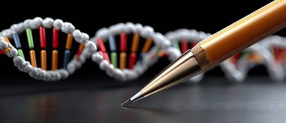 Pencil writes letters of DNA structure on a black background with a colorful spiral of human DNA on a wooden table
