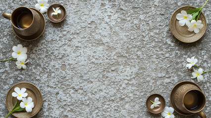 Textured Qingming festival background with stone copyspace background and golden tea ceremony frame. Elegant spring design background with space for text