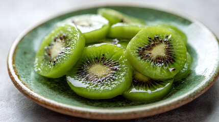 Juicy kiwi slices with vibrant green flesh and glossy texture arranged on handcrafted ceramic plate in soft natural light highlighting freshness  
