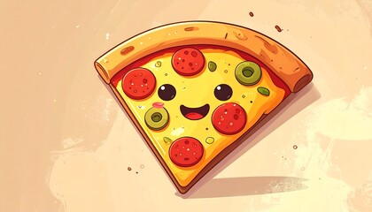 A cute, cartoon pizza slice with a smiling face, pepperoni, and olives. The slice is set against a tan, textured background