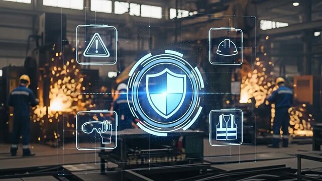 Factory safety shield and industrial workers, illustrating concepts of safety protocols.