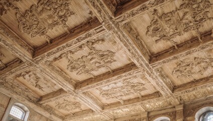 Ornate Coffered Ceiling with Intricate Plasterwork in Historic Building.