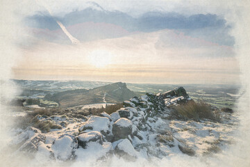 Digital watercolour painting of a winter landscape in the Staffordshire Peak District National Park.