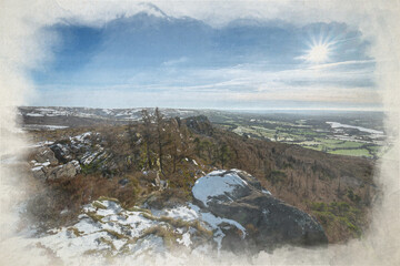A Peak District winter landscape digital watercolour painting of Hen Cloud.