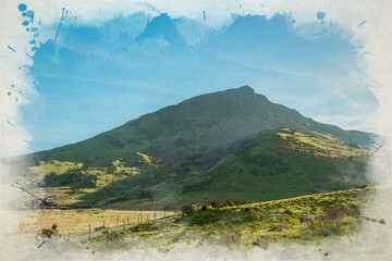 Digital watercolour painting of Y Garn from the fishing lake of Llyn Dywarchen in the Eryri National Park, Wales.