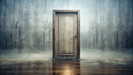 Naklejka premium A solitary aged wooden door stands in a misty room with a weathered concrete wall and polished wooden floor, hinting at mystery and the unknown.