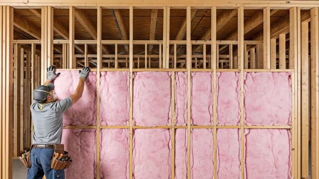 Construction worker installing insulation for the concept of Building and house improvement.