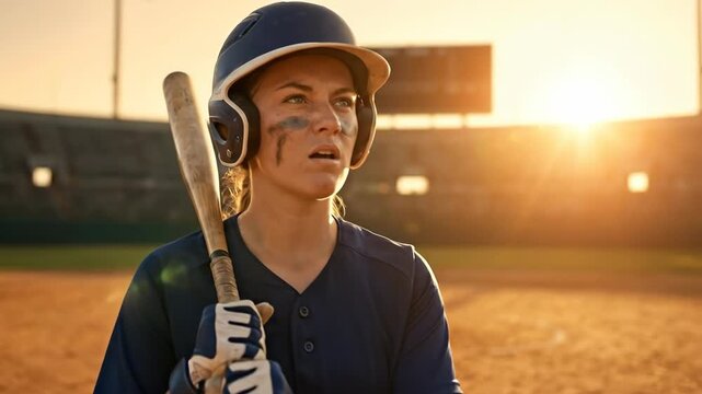 caucasian softball player portrait with bat on shoulder at sunset stadium. confident athlete with dirty face ready for game. sport competition.