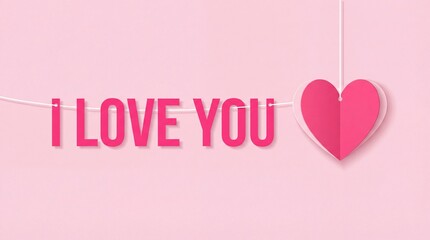 Pink paper cut heart hanging, i love you text message, romantic valentine day background, 3d craft greeting card for wedding, anniversary, mother day, pastel minimal banner decoration.