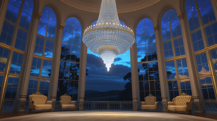 A majestic centerpiece chandelier suspended in a domed pavilion, surrounded by blue-toned ambient light and graceful arches, creating a serene, night-sky mood, 32K Resolution