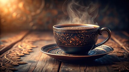 Fototapeta premium Aromatic Steam Rising from an Ornate Teacup Resting on a Rustic Wooden Table with Decorative Accents
