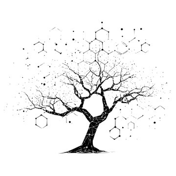 Abstract tree with molecular structure and particles on white background illustration