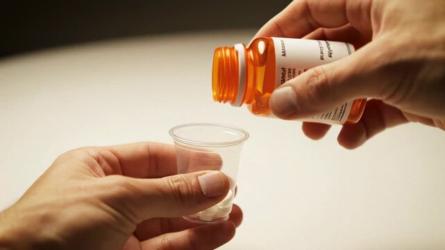 Person Pouring Medication From Orange Bottle Into a Cup.