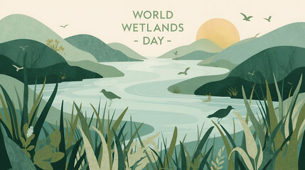 Typography world wetlands day February 2 with swamps, lotus flowers, and birds in natural scenery, creative illustration design,