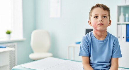 A young boy with a visible face rash on his cheek and neck, sitting patiently at a clinic for pediatric dermatology medical examination concept