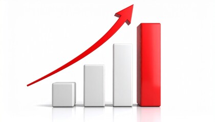 Colorful ascending bar graph with green to red bars and orange upward arrow on dark background.