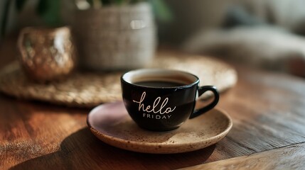 Black coffee cup on saucer with hello friday text on wooden table with plant and gold vase