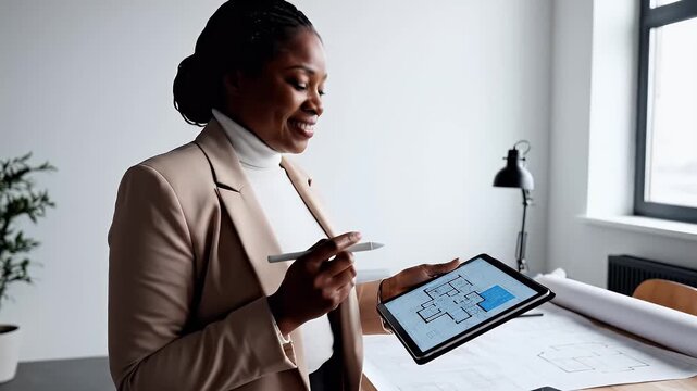 Architect Woman Designing Building Plans Digital Tablet Sketching Blueprints CAD Software Engineering Construction Design Modern Office Workspace Professional Business Success