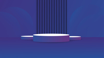 Minimal studio product display podium scene with soft natural light blue wall background vertical line panel texture round cylinder platforms mockup for cosmetics luxury branding and commercial 3d 