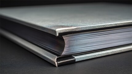 Close-up of two silver hardcover books stacked on dark surface