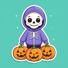 A cute cartoon skeleton wearing a purple hoodie, holding three carved orange pumpkins with happy faces. Tiny stars surround it on a teal backdrop