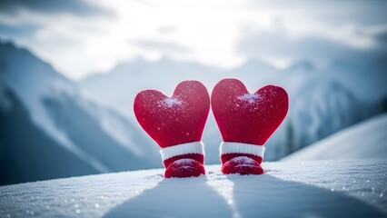 Valentine's day mittens in snowy mountain landscape with heart shaped design