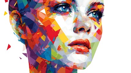 Colorful geometric mosaic portrait of a woman's face with blue eyes and red lips