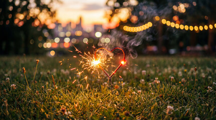 Sparkler heart shape glowing on grass during sunset in the park  
