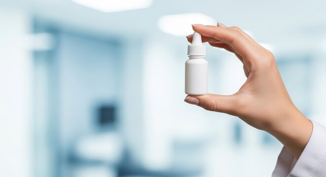 A clean white eye drop bottle held in a hand by a doctor, symbolizing medical care and precise treatment concept in medicine